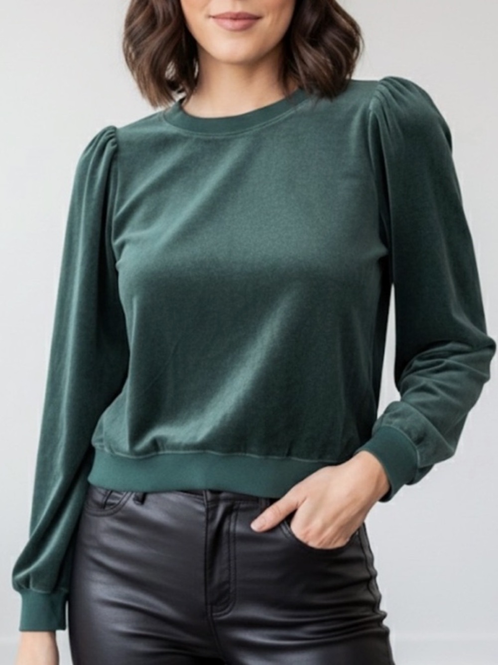 TUCKERNUCK Green Velour Top Puff Sleeve Luxe Sweatshirt Sz Small NWOT